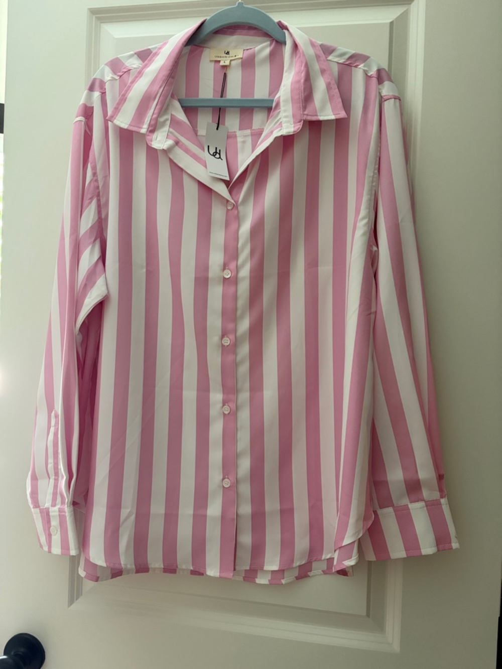 Striped Pink and White Button-Up Shirt NWT large